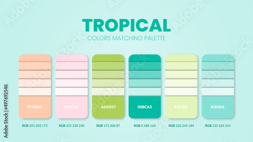 Tropical color palettes or color schemes are trends combinations and palette guides this year; table color shades in RGB or HEX. A color swatch for a tropical summer fashion, home, or interior design