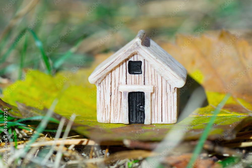 Wooden toy house model on a leaf outdoors Wooden toy house model on a leaf outdoors