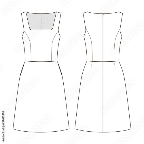 Fashion technial drawing of short sleeveless dress with square neckline