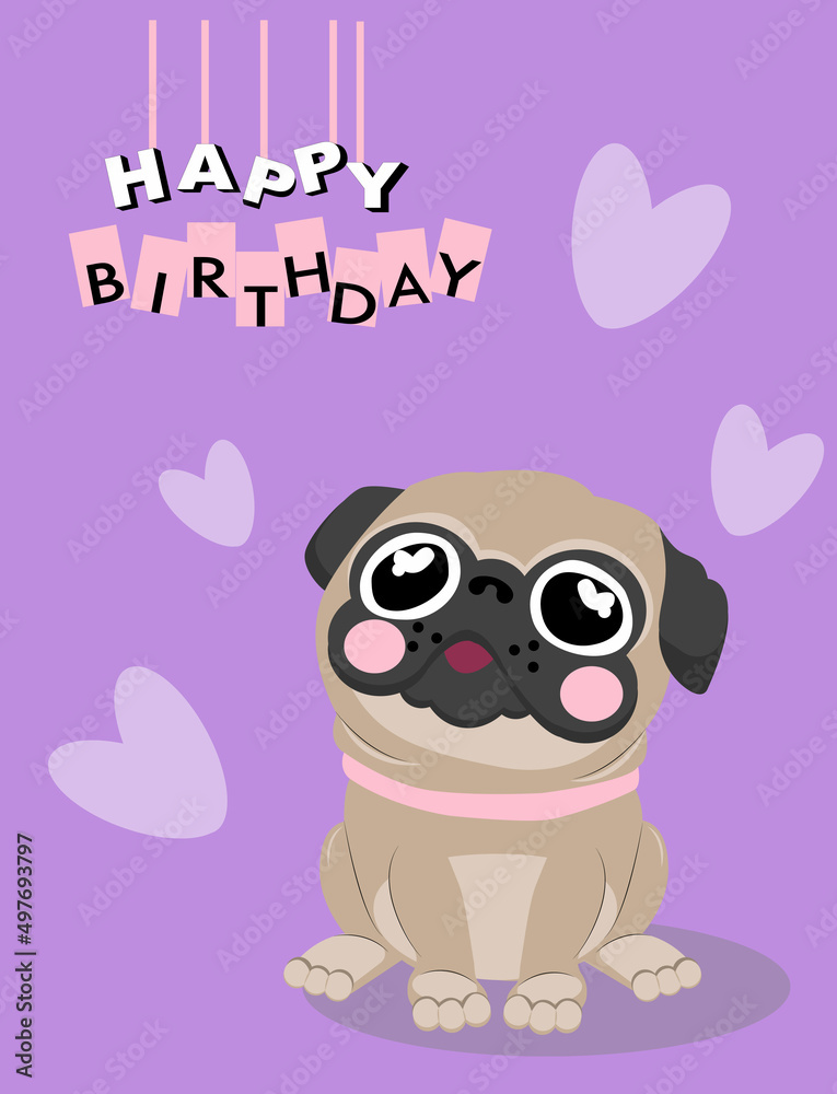 Greeting card, banner, icon. Birthday card. Pug on purple background. Happy Birthday.