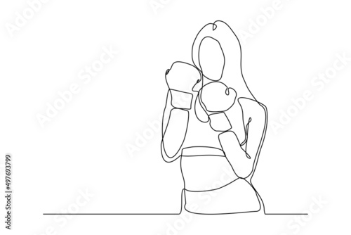 Continuous single line drawing of sporty boxer woman punching use gloves vector illustration