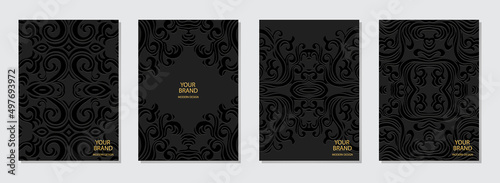 Cover design set, vertical templates. Collection of embossed artistic black backgrounds in hand drawn style. Geometric ethnic 3d pattern of East, Asia, India, Mexico, Aztecs, Peru.