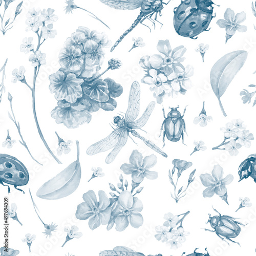 dragonfly beetle ladybug insects and flowers geranium and forget-me-nots beautiful spring clipart hand drawn watercolor set separately on white background nature plants