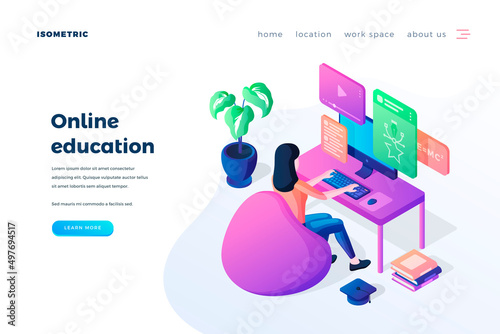 Online education landing page vector template. Internet school, college website homepage interface idea with isometric illustration. Distance learning, video courses web banner 3D cartoon concept