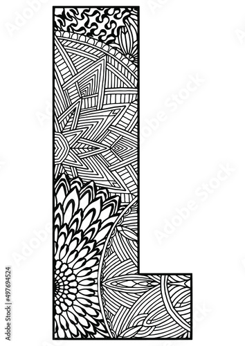 capital letter L decorated with mandalas and geometric figures on a white background for coloring, vector, coloring pages