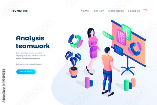 Teamwork analysis landing page vector template. Business workflow management website homepage UI idea with isometric illustration. Coworking efficiency increase web banner 3D cartoon concept