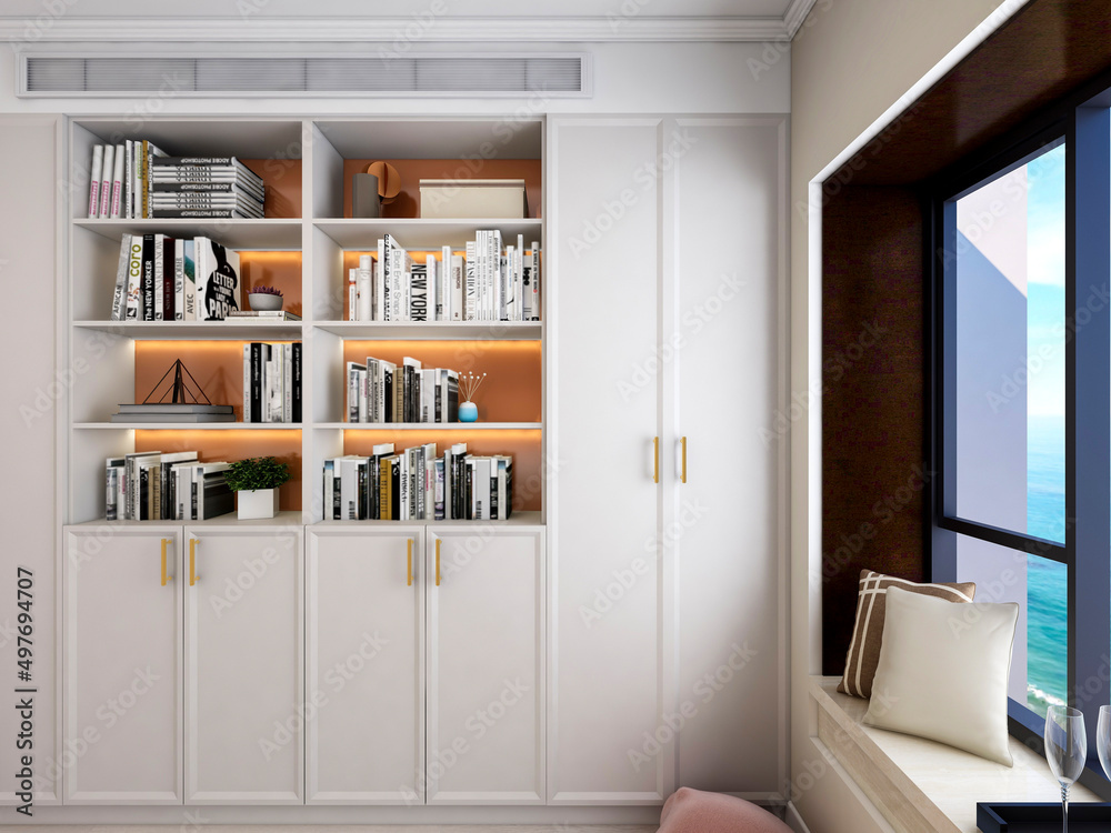3D rendering. There are wardrobes, cupboards, mirrors and green plants in the study of the family house.