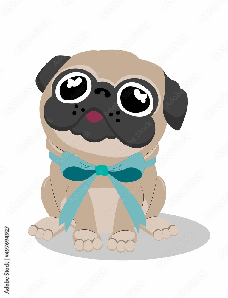 Greeting card, banner, icon. Birthday card. Pug with green bow. Happy Birthday.