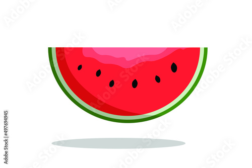 Vector Half Watermelon with seeds isolated on white background. Fresh watermelon fruit design element for summer time. Fresh cut and sliced watermelon.  Juicy fruit. Fruit Design Element.