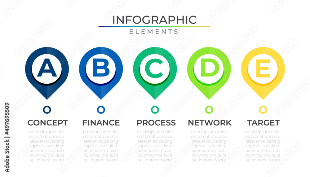 Minimal pin point five steps timeline infographic elements plan concept design vector with icons. Business network project template for presentation and report.