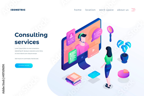 Consulting services landing page vector template. Call center website homepage interface idea with isometric illustrations. Customer support, telemarketing business web banner 3D cartoon concept