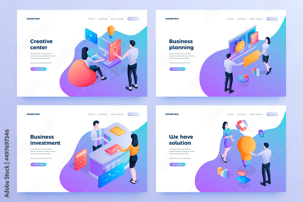Business innovations isometric landing page templates set. Creative centre, business planning and investment, website homepages. Company departments staff, workers cartoon characters