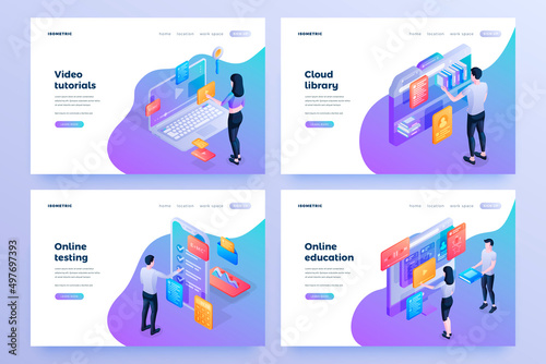 Online education isometric landing page templates set. Video tutorials, cloud library, online testing website homepage designs. E learning resources. Self studying. Web banner layouts