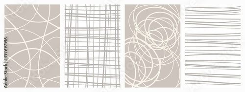 Neutral line posters collection of white and beige colors. Abstract curly line prints in minimalist style. Scandinavian art stripes illustrations.