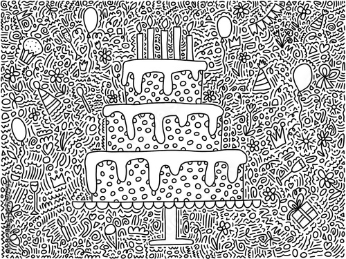 Happy birthday coloring page. Coloring page with doodle birthday cake and candles. Doodle background. photo