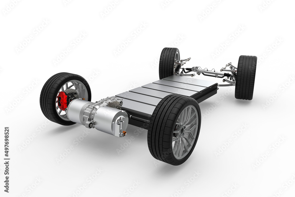 Electric car chassis with rear drive unit and power unit. - obrazy, fototapety, plakaty 