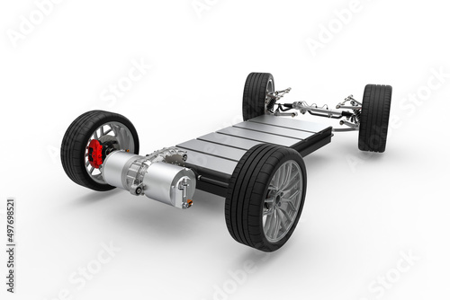 Electric car chassis with rear drive unit and power unit. photo