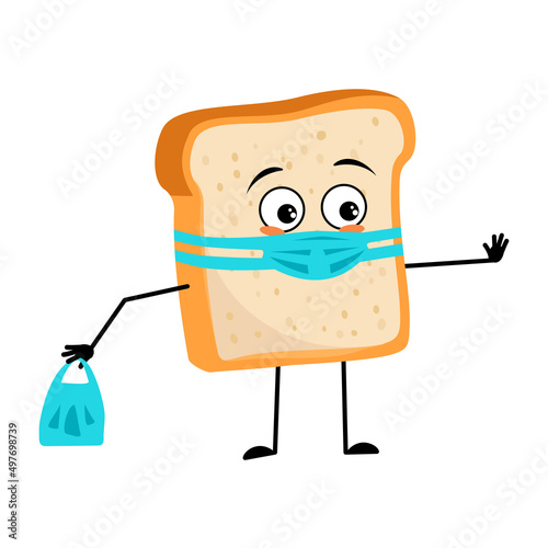 Cute bread character with face in medical mask and keep distance, hands with shopping bag and stop gesture. Baking person, homemade pastry with care expression. Vector flat illustration