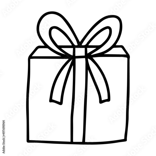 Vector doodle gift box. Hand drawn present box with bow