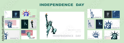 Independence day portrait Statue of Liberty, poster presentation. Set of blue flat design templates. USA flag Holiday. The national symbol of America New York, banner.Name of advertising text, vector
