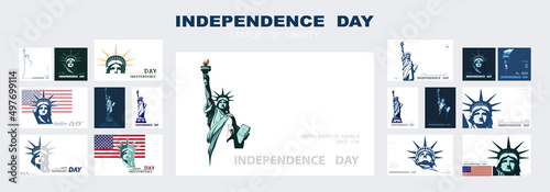 Independence day portrait Statue of Liberty, poster presentation. Set of green flat design templates. USA flag Holiday. The national symbol of America New York, banner.Name of advertising text, vector