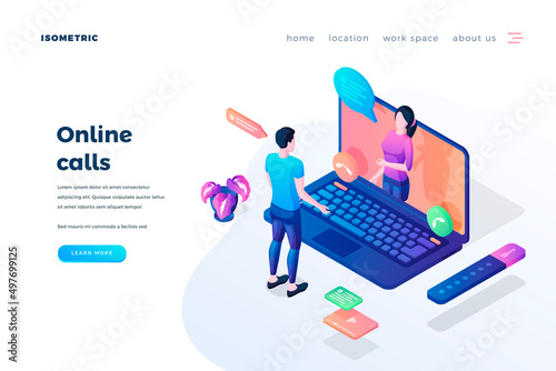 Online calls landing page vector template. Internet chatting, conferencing website homepage interface idea with isometric illustrations. Modern communication technology web banner 3D cartoon concept