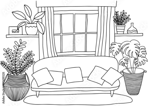Cozy living room coloring page. Living room interior design. Cute coloring book for children and adults