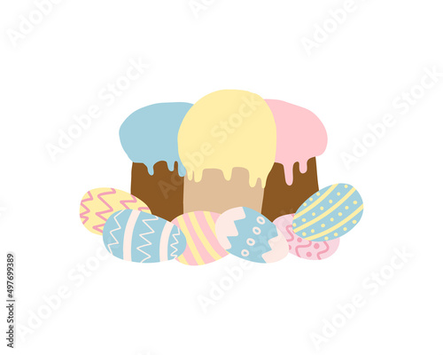 Easter greeting card. Happy Easter vector illustration. Cake and colored eggs.