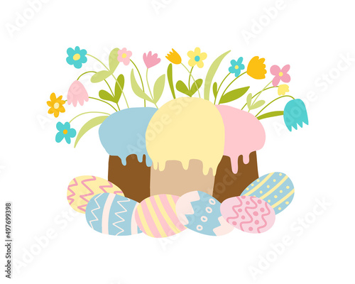 Easter greeting card. Happy Easter vector illustration. Cake with flowers and colored eggs.