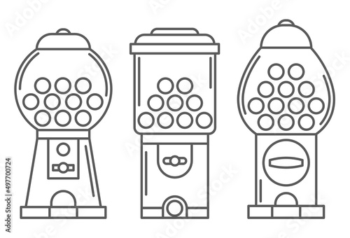 Gumball machine line icon set. Retro vending dispenser for candies and bubblegums. Sweets slot vector illustration isolated on white background