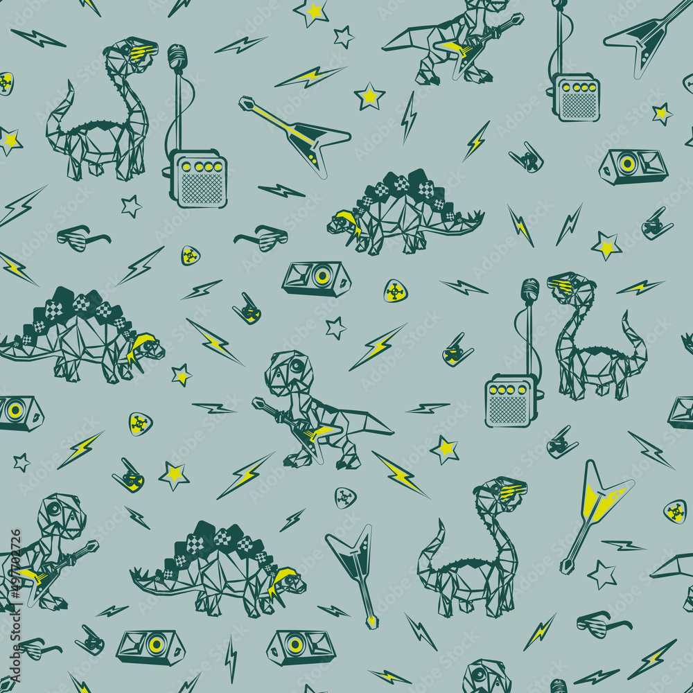 Vector Dino Rock and Roll Rawwwr seamless pattern on black background. Perfect for fabric, scrapbooking, wallpaper projects