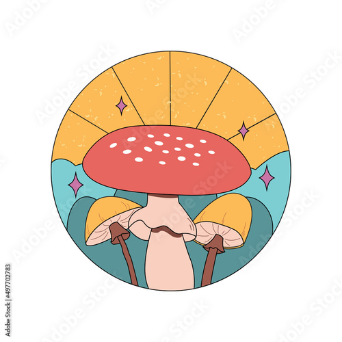 Various magic hallucinogenic mushrooms. Fantasy cute elements. Retro cartoon mushrooms on the grass. Modern design pin, icon, sticker. Hippie style. Vector flat illustration on an isolated background.