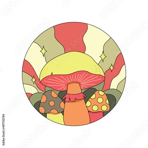 Various magic hallucinogenic mushrooms. Fantasy cute elements. Retro cartoon mushrooms on the grass. Modern design pin, icon, sticker. Hippie style. Vector flat illustration on an isolated background.