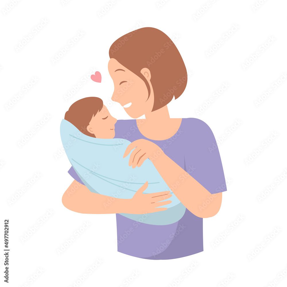 Young mother holding a baby with happy smile. Flat vector cartoon design