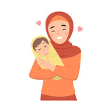 Young hijab mother holding her baby with happy face. Flat vector cartoon design