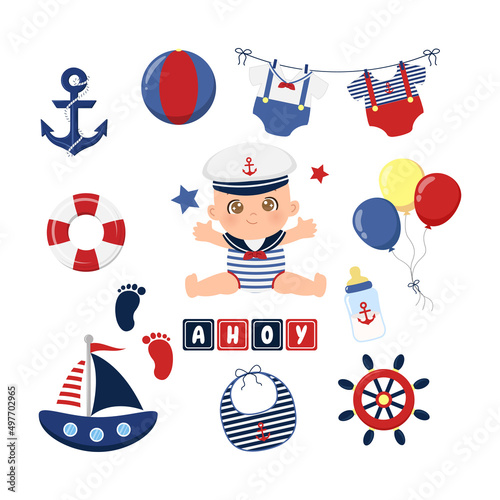 Cute nautical baby elements for children birthday. Flat vector cartoon design