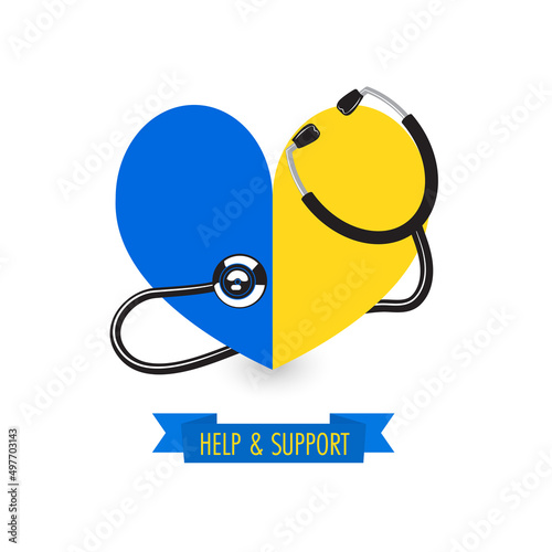 Vector illustration of Ukraine flag and statoscope. graphic icon of medical help and support, donation of health care supplies, medical aid, family medical treatment