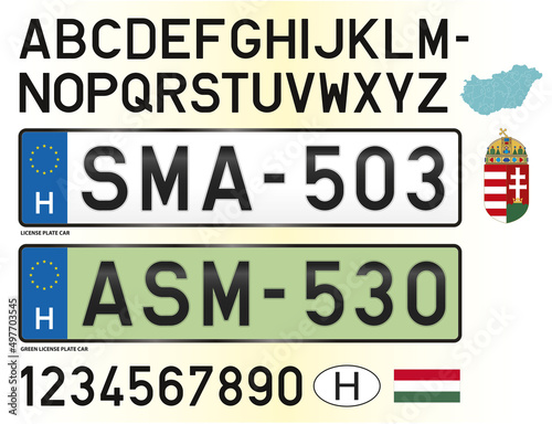 Hungary green car license plate, letters, numbers and symbols, vector illustration