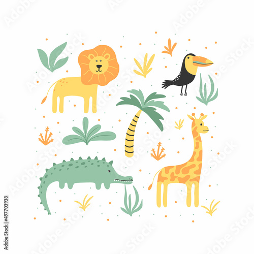 Children's poster with jungle animals. Poster for nursery. Cute hand drawn illustration with lion, crocodile, toucan and giraffe. Vector illustration. © Евгения Крупель