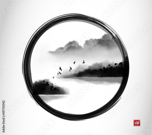 Landscape with misty forest over the water in black enso zen circle on white background. Traditional oriental ink painting sumi-e, u-sin, go-hua. Translation of hieroglyph - zen