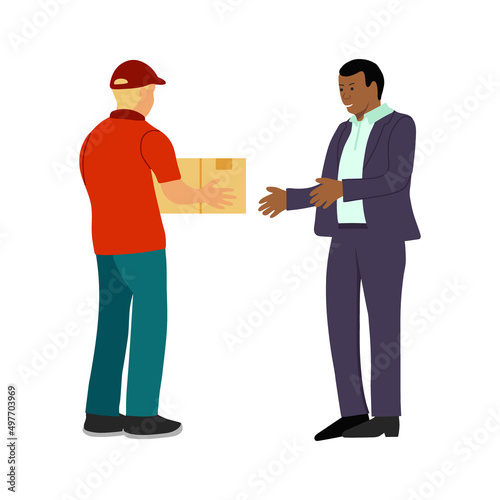 Delivery service concept courier and recipient hand drawn vector illustration