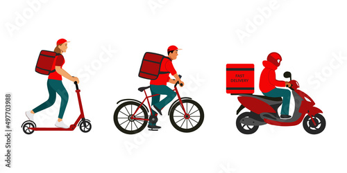 Delivery service couriers on scooter bicycle and motorcycle hand drawn vector illustration