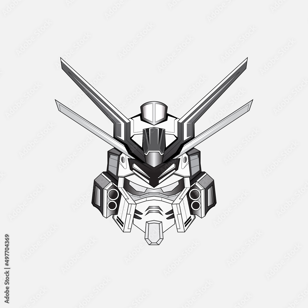 Hand drawn outline black and white Head robotic mascot logo design vector with modern illustration concept style for badge