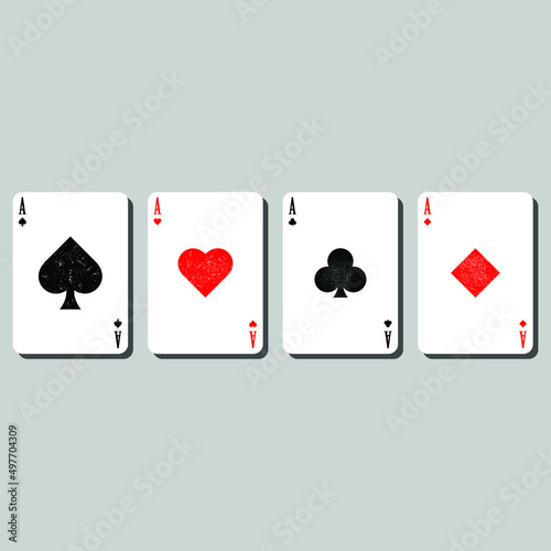 Set of four aces playing cards suits with grunge texture vector illustration