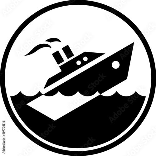 Ship sinking in the sea vector icon isolated. Boat going under the water illustration. Dangerous waters warning sign. 