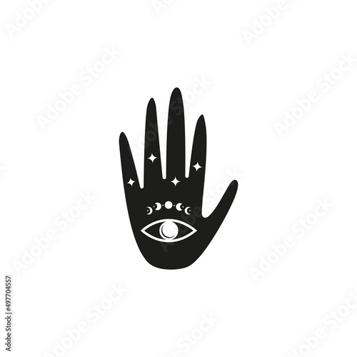 Doodle witchy hand with third eye and moon phases.