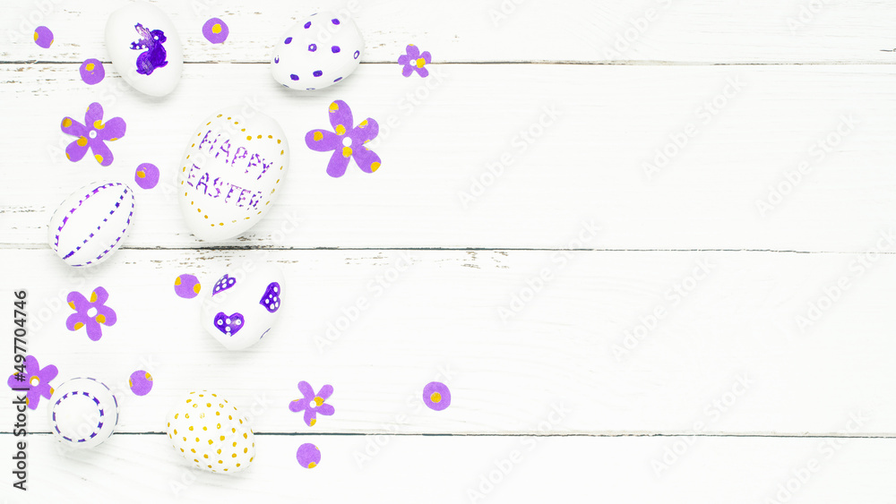Colorful background with Easter eggs on white wooden board background. Happy Easter concept. Colorful background with Easter eggs on white wooden board background. Happy Easter concept.