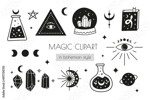 Set of hand drawn boho magic icons.