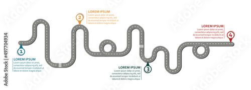 Business workflow roadmap, infographic flat lay style,  in 25:9 ultrawide, panorama, panoramic, wide, edge format on white background with 4 check points