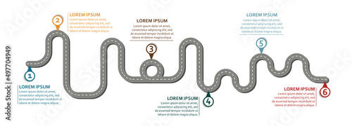 Business workflow roadmap, infographic flat lay style,  in 25:9 ultrawide, panorama, panoramic, wide, edge format on white background with 6 check points